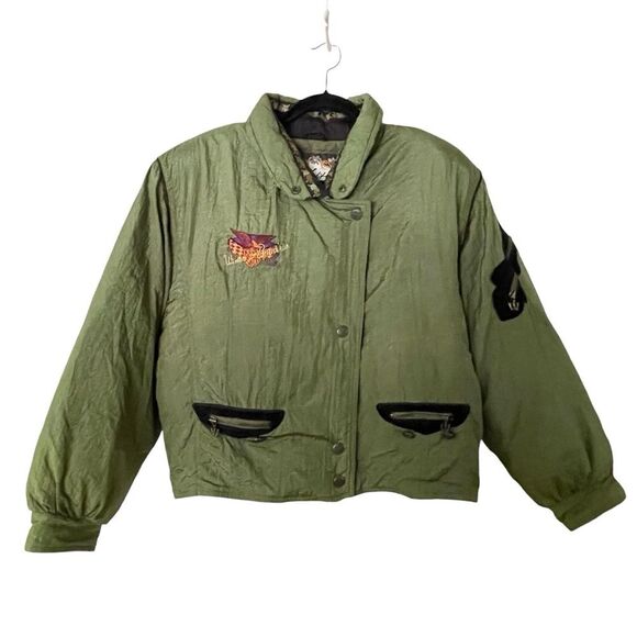 Winlit Vintage Statement Green Embroidered Puffer Jacket Duck Down Women's Large - Picture 1 of 16